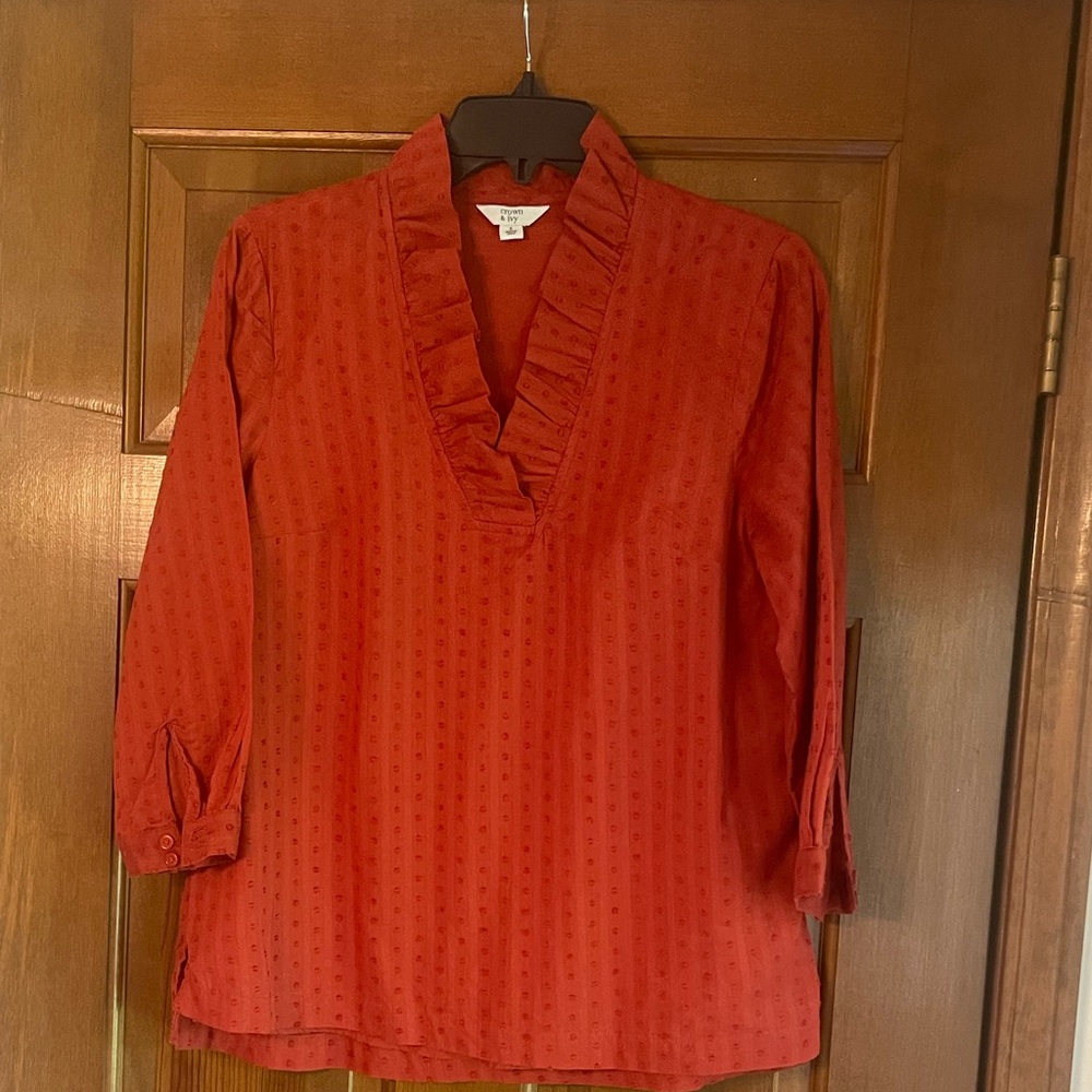 Crown and Ivy Rust Clip Dot Ruffled Neck Blouse Size Small